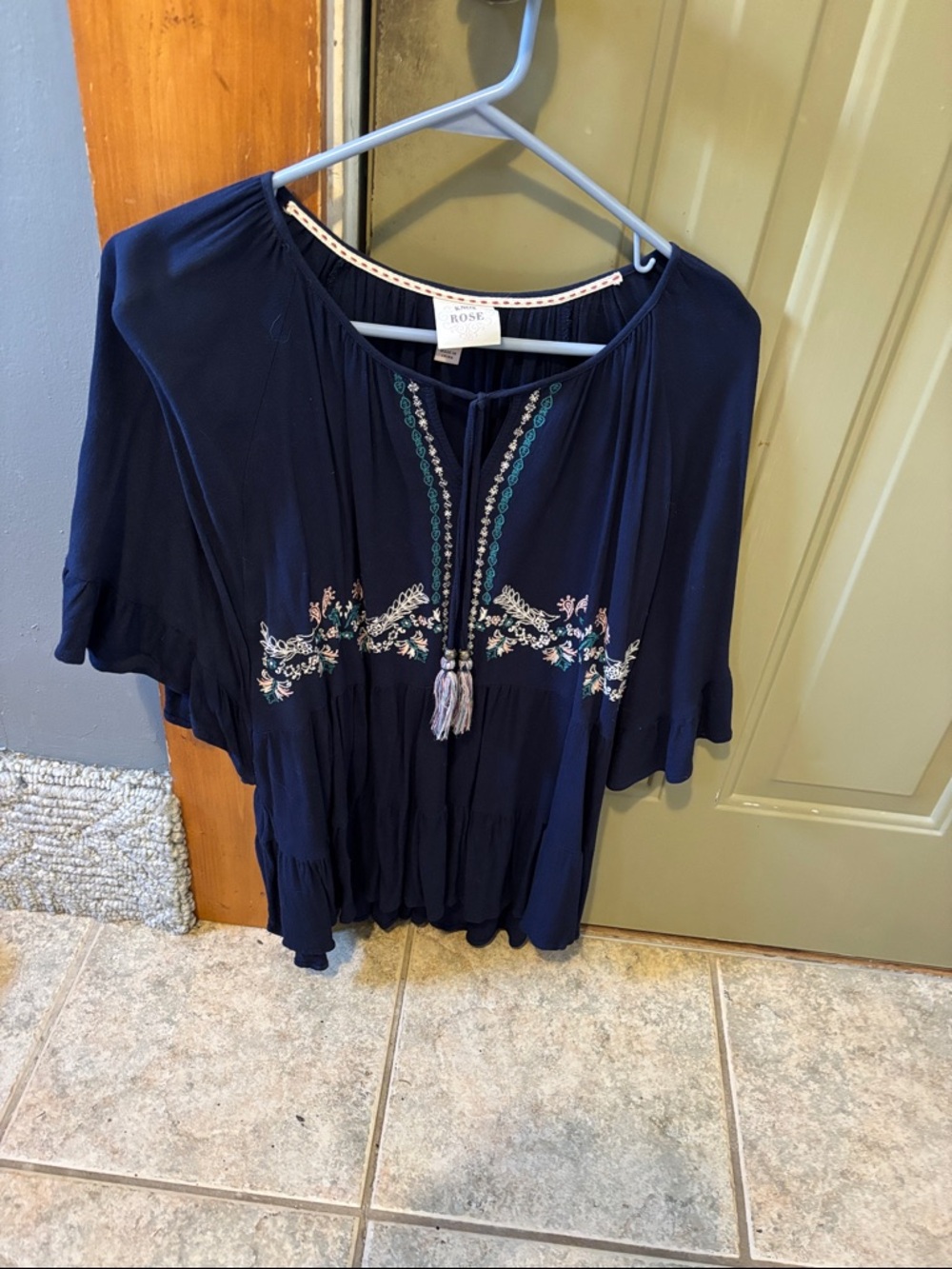 Knox Rose Navy Embroidered Peasant Tunic with Tassel Detail